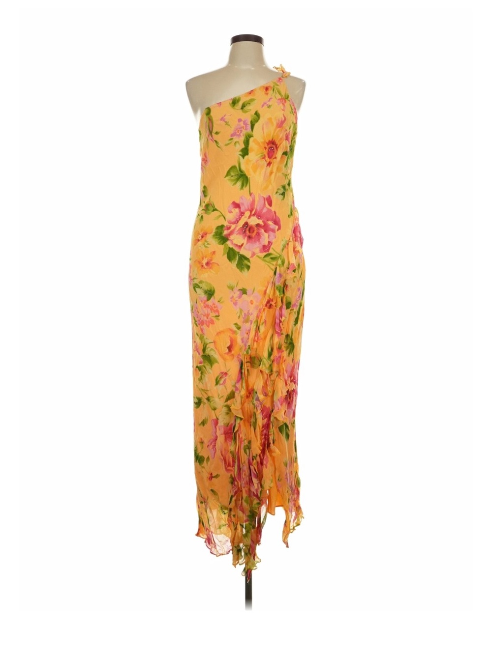 Y2K Vintage Yellow Floral One-Shoulder Fairy Hem Maxi Dress